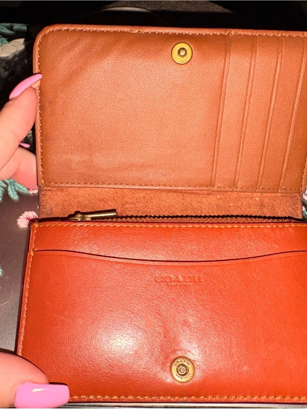 Coach Brown Signature Canvas Phone Folio with Orange Leather Band